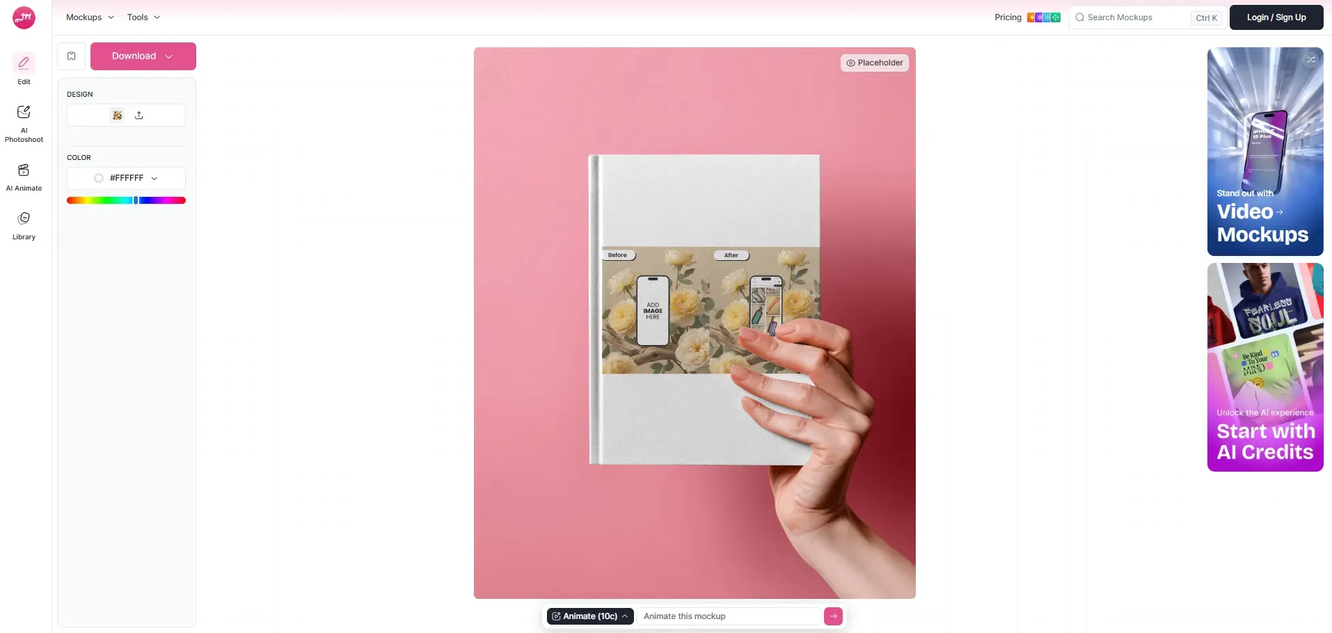 Mockey AI editor showing a hand holding a book mockup on a pink background with design upload and color options on the left panel